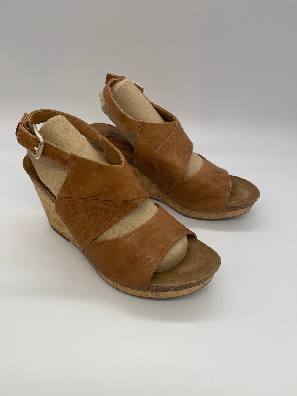 Sofft Women's Luggage Wedge Cork Heel Leather Sandals Size 8